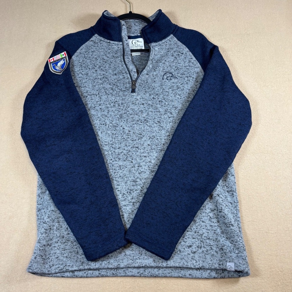 Ducks Unlimited Mens Medium Gray Navy Marled Quarter Zip Fleece Pullover Sweater